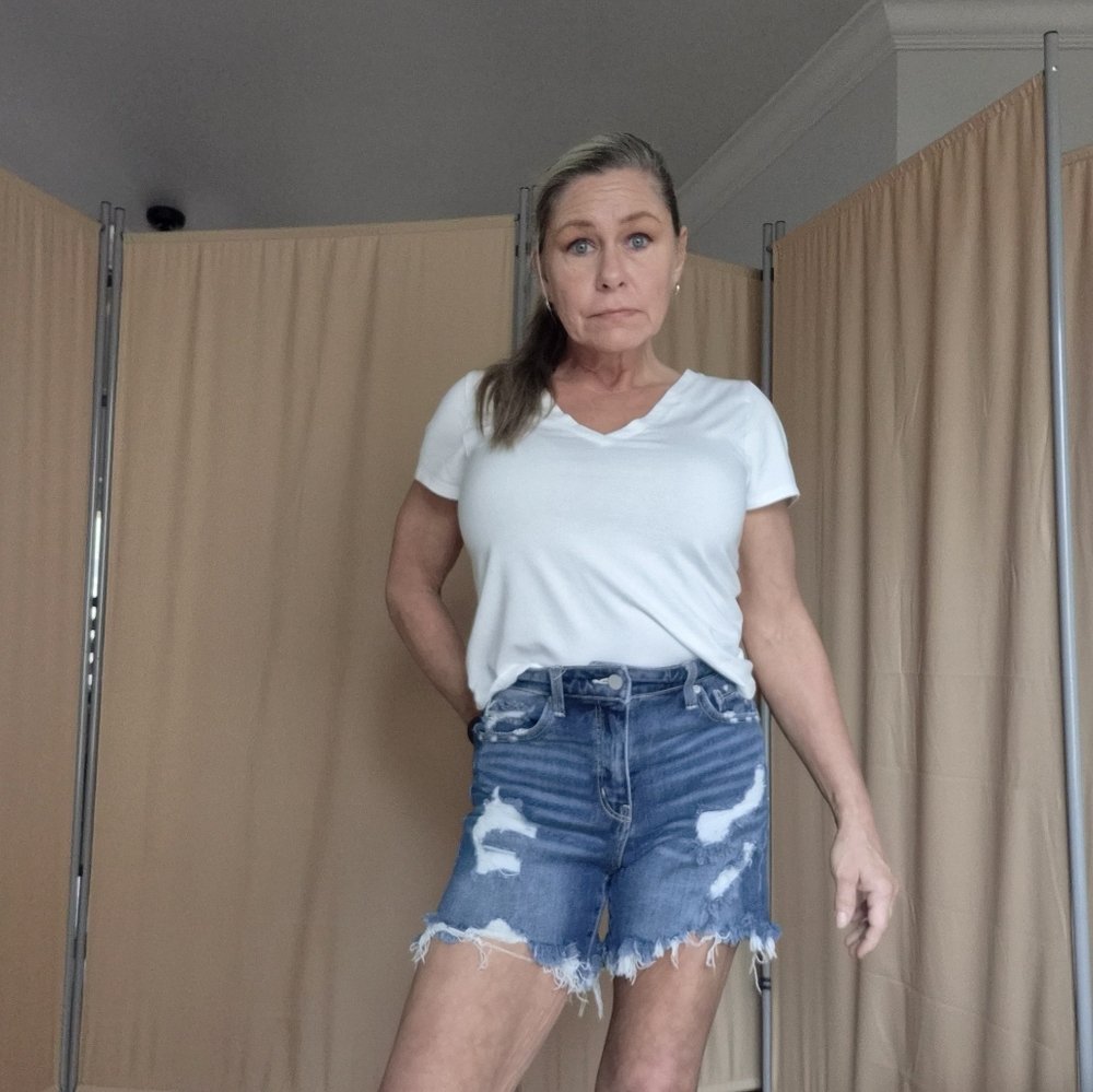 Buckle High Waist Distressed Denim Shorts - Blue